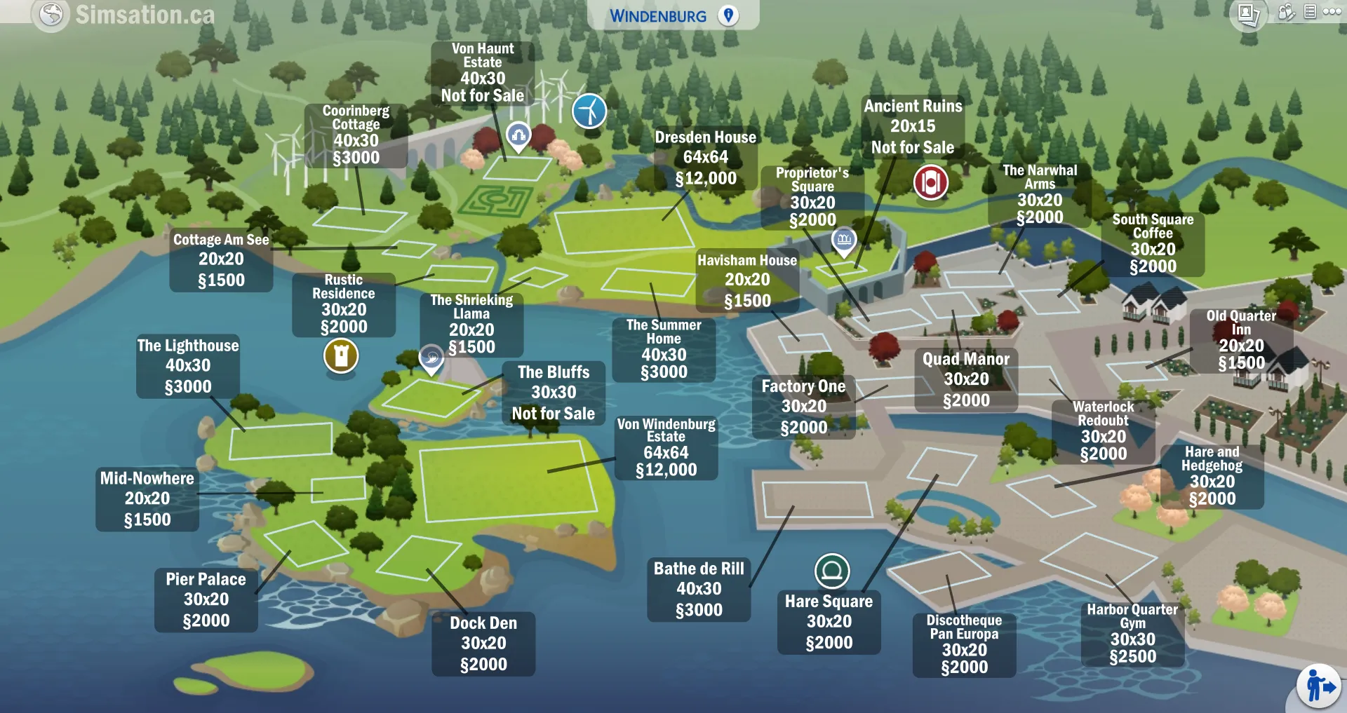 Labelled map of Windenburg showing bulldozed lots